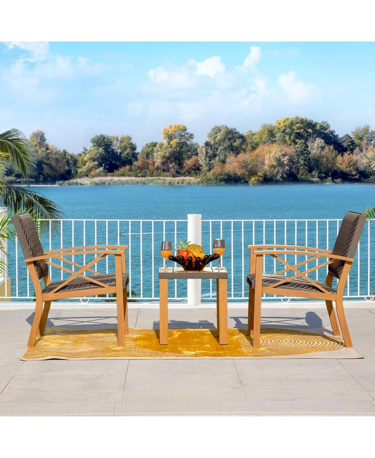 Flynama 3 Piece Patio Bistro Set Wood Grain Aluminum Wicker Porch Chairs with Coffee Table Beige Waterproof Pillows Outdoor Conversation Set