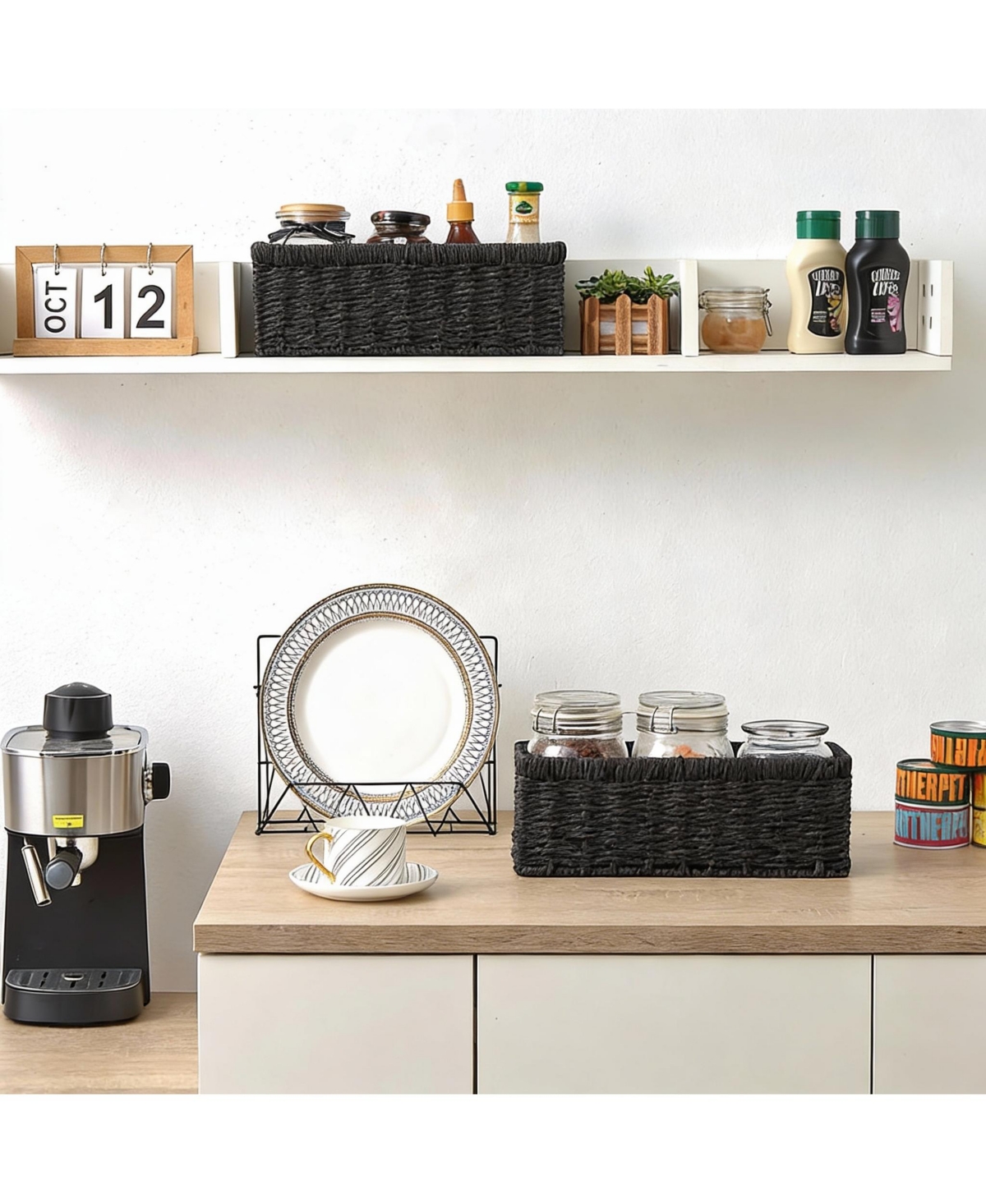 Yigii Handwoven Black Paper Rope Storage Baskets with Handles - 2 Pack