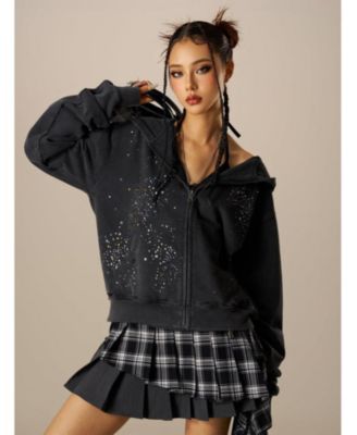 Women's Rhinestone Boxy Zip Up V302 Hoodie