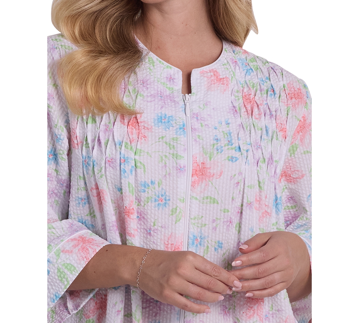 Miss Elaine Women's Round Neck Printed Long Zip Robe
