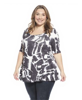 Plus Size Abstract Scoop Neck Elbow Sleeve Tunic Top