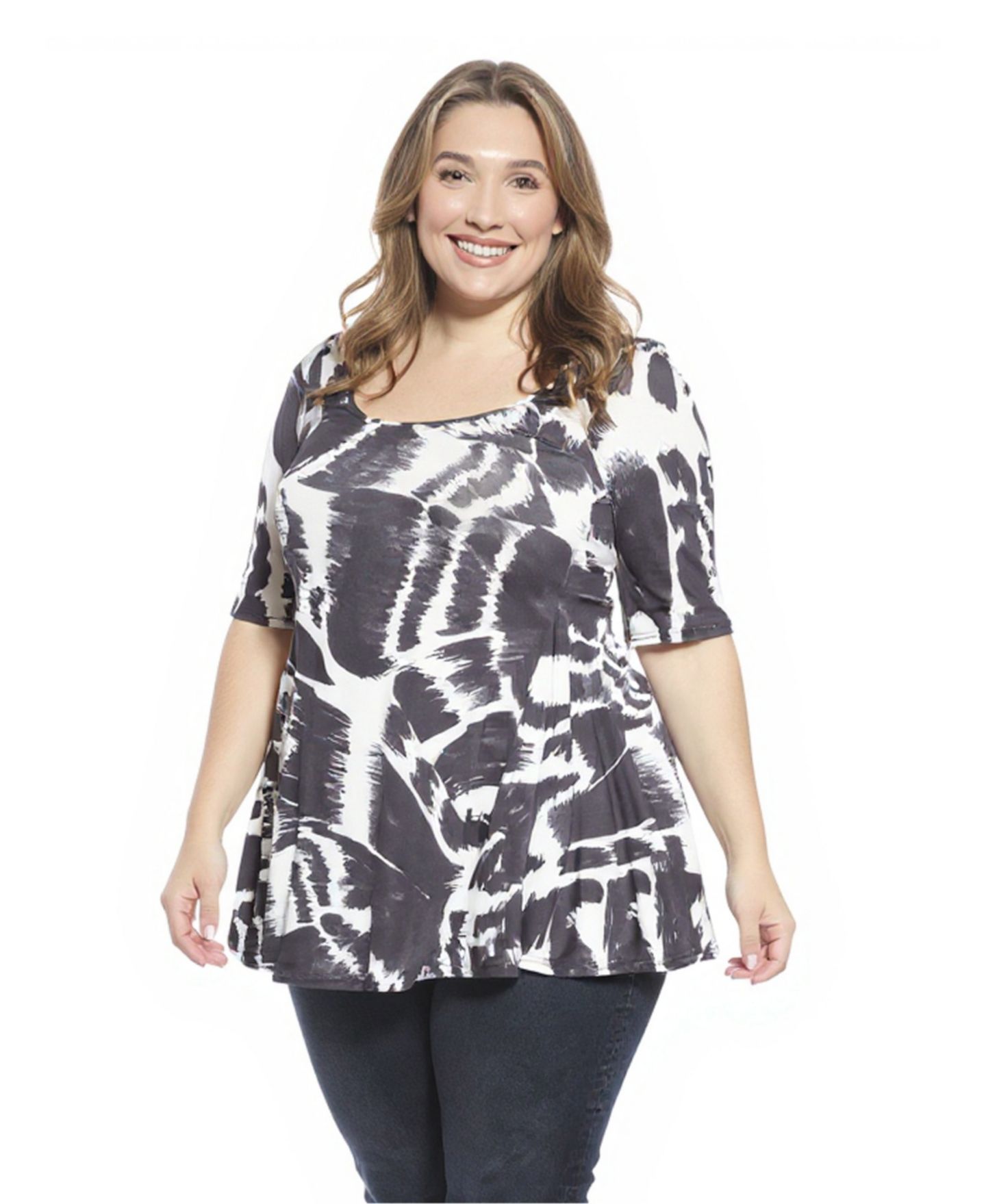 Женский топ 24seven Comfort Apparel Plus Size Abstract Scoop Neck Elbow Sleeve Tunic Top, цвет: Чёрный разноцветный — фото 2