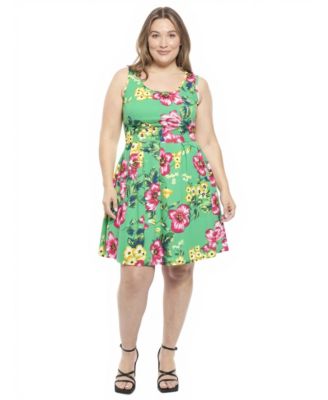 Plus Size Floral Pleated Pocket Skater Dress