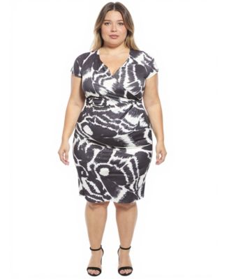 Plus Size Abstract Knee Length Faux Wrap Dress