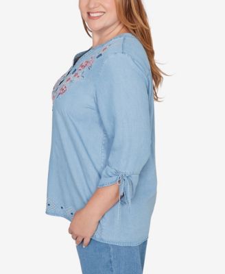 Plus Size Austin Floral Embroidered Tie Sleeve Henley Top