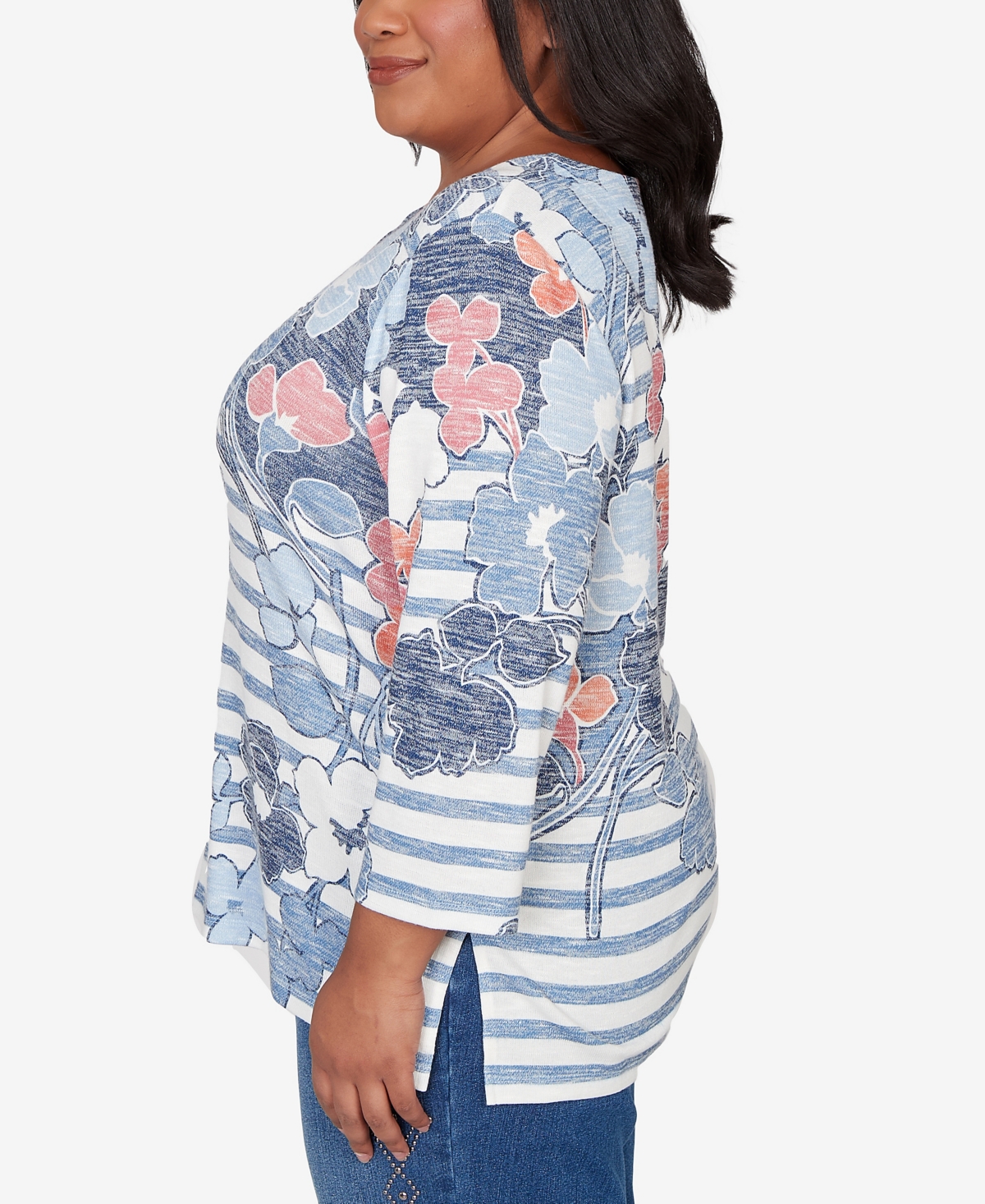 Alfred Dunner Plus Austin Stripe Floral Split Neck Knit Top