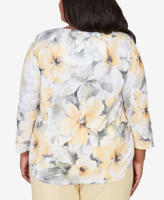 Plus Size Al Fresco Watercolor Floral Side Ruched Top with Necklace