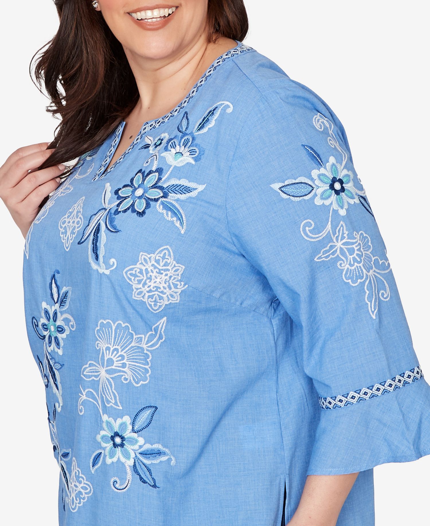 Plus Size Mykonos Floral Textured Embroidered Split Neck Top