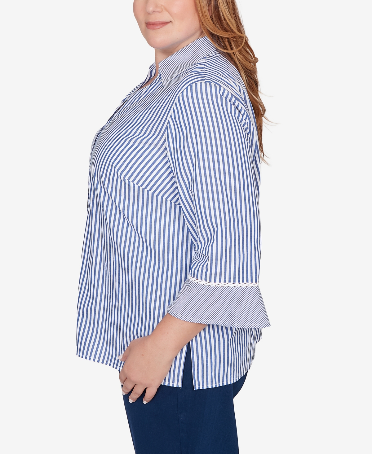 Alfred Dunner Plus Mykonos Mixed Stripe Button front closure Lace Trim Top