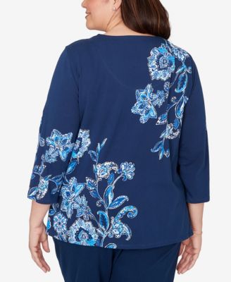 Plus Size Mykonos Asymmetrical Floral Split Beaded Neck Top