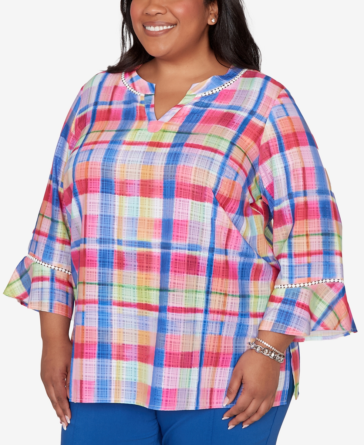 Alfred Dunner Plus The Royal Treatment Watercolor Split Neck Bell Sleeve Top