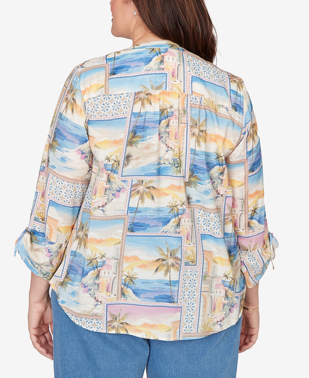Alfred Dunner Plus Beachcomber Postcard Print Tie Sleeve Henley Top