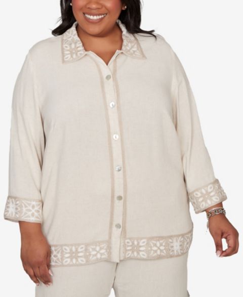 Женские куртки Alfred Dunner Plus Size Natural Wonder Embellished Crochet Trim Linen Jacket