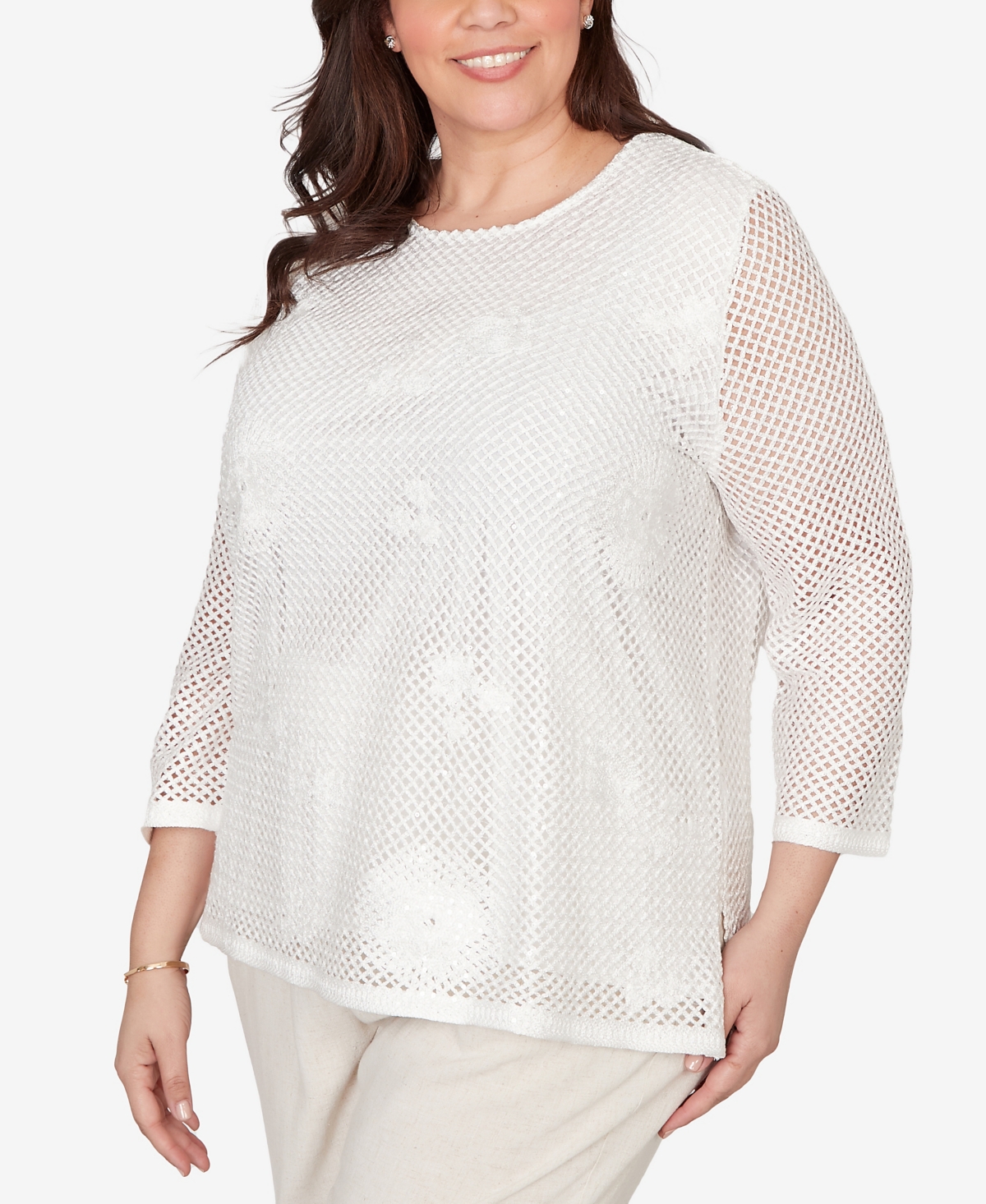 Alfred Dunner Plus Natural Wonder Sequin Mesh Flower Top