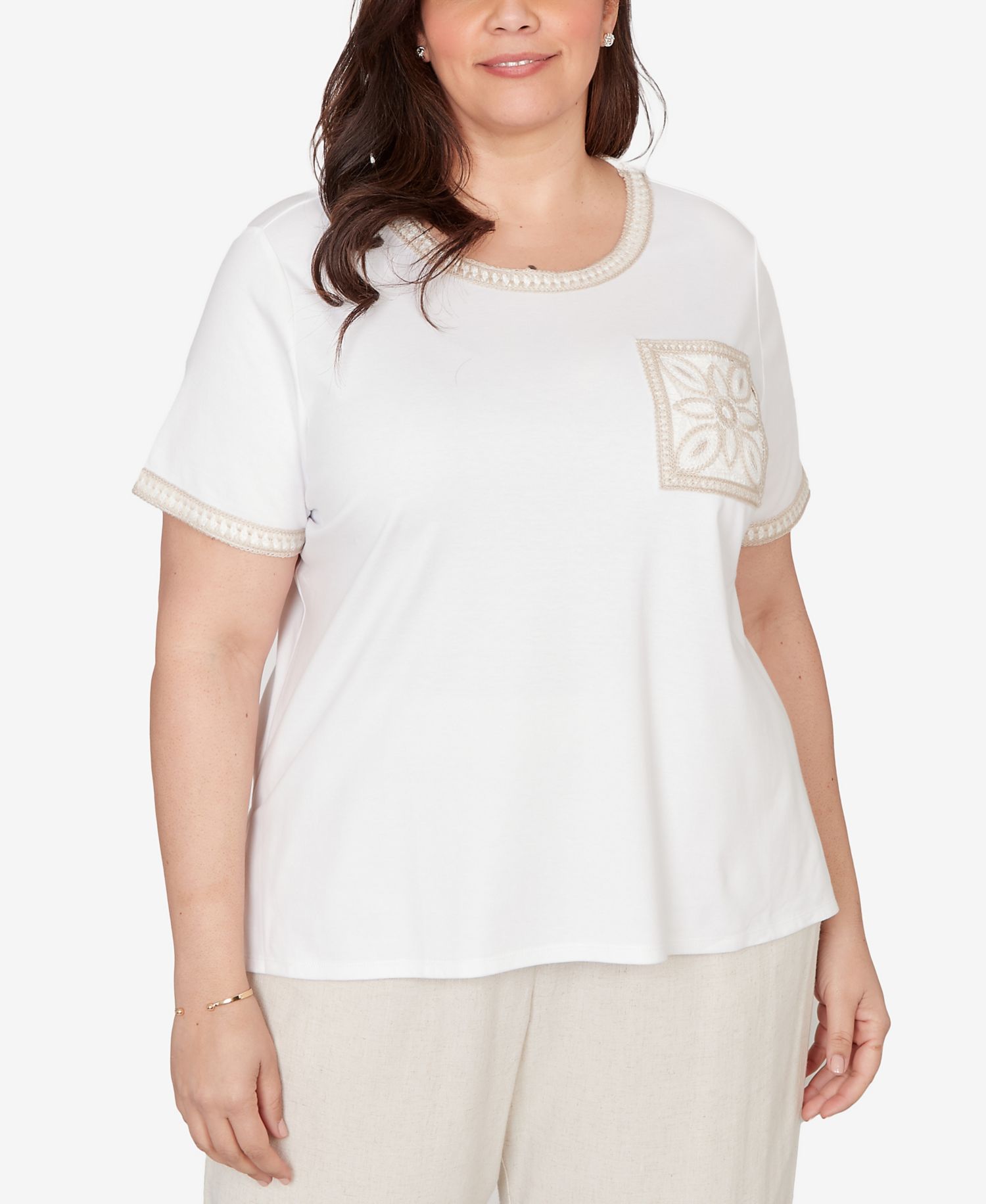 Plus Size Natural Wonder Crochet Pocket Short-Sleeve T-Shirt