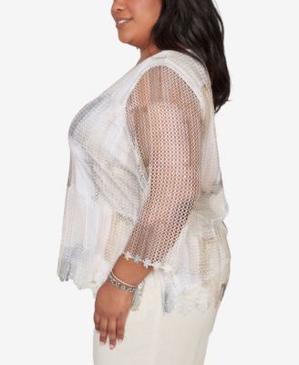 Plus Size Natural Wonder Neutral Brushstrokes Mesh Top