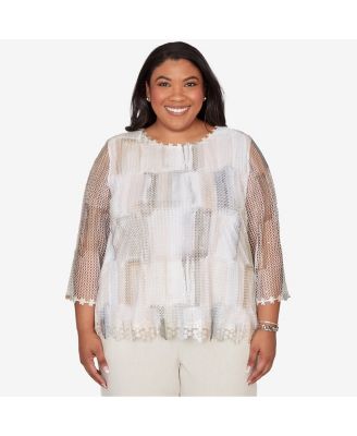 Plus Size Natural Wonder Neutral Brushstrokes Mesh Top
