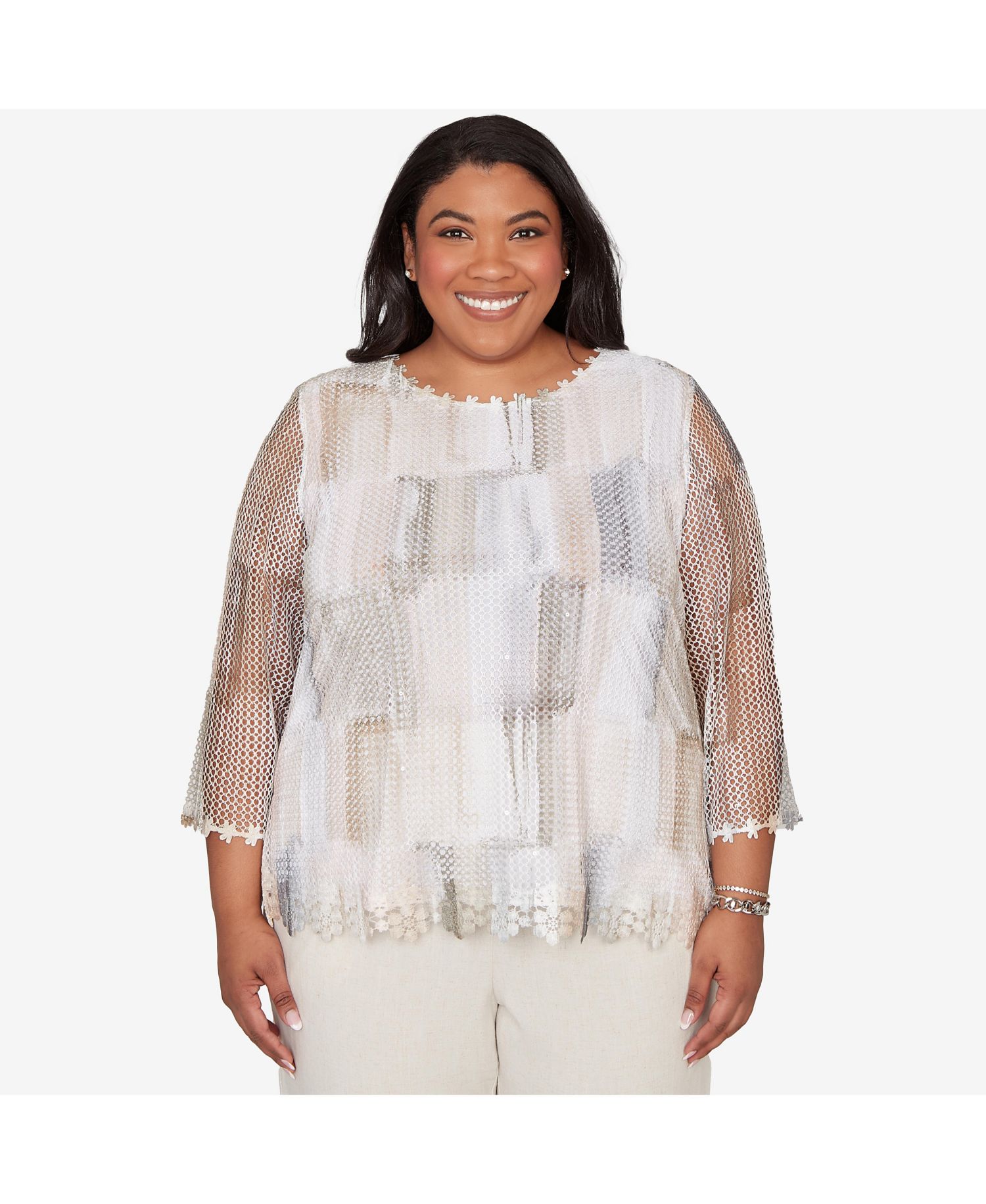 Plus Size Natural Wonder Neutral Brushstrokes Mesh Top