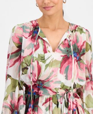 Petite Bubble-Sleeve Tie-Waist Tiered Dress