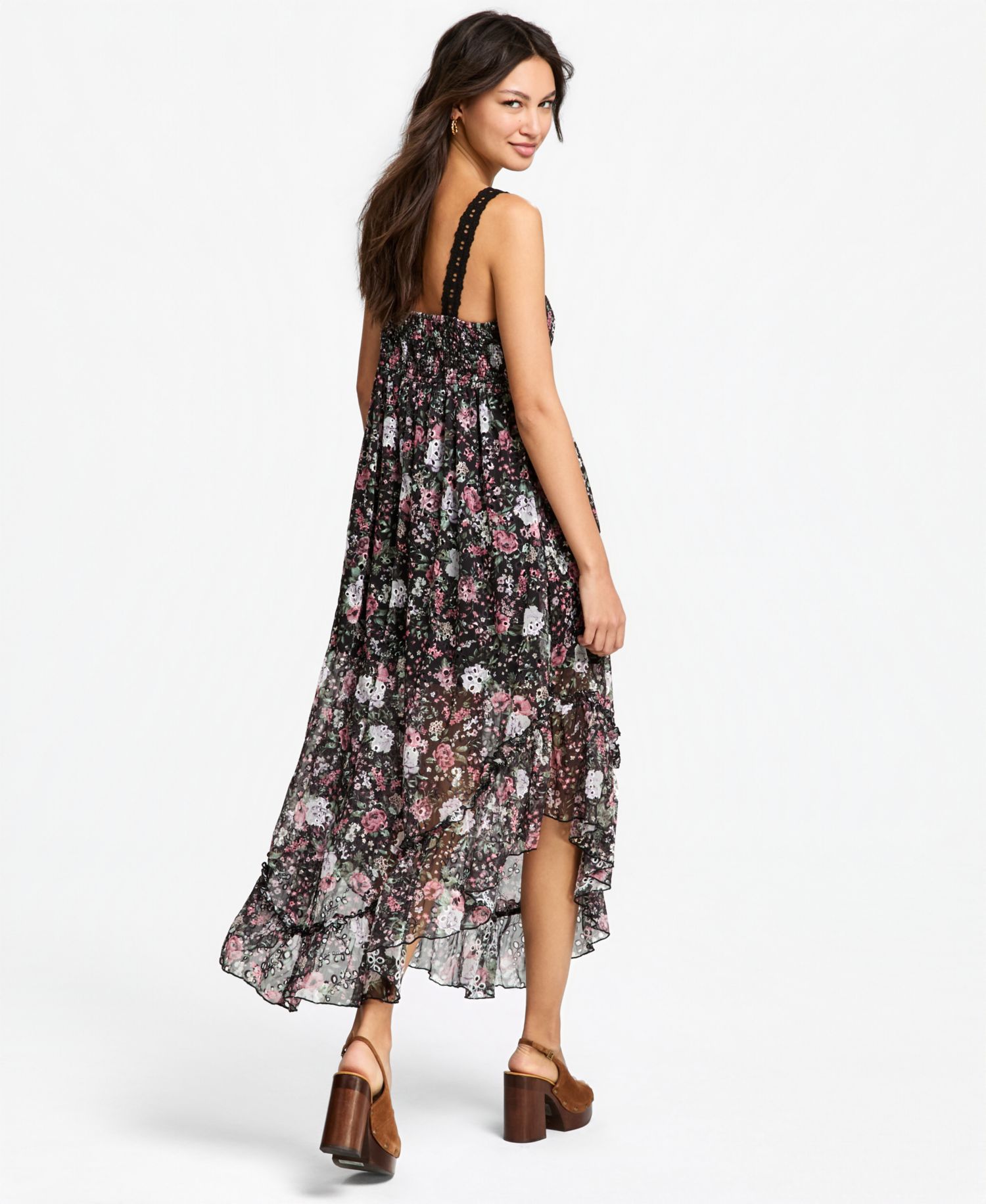 Women's Asymmetrical Chiffon Eyelet Maxi Dress