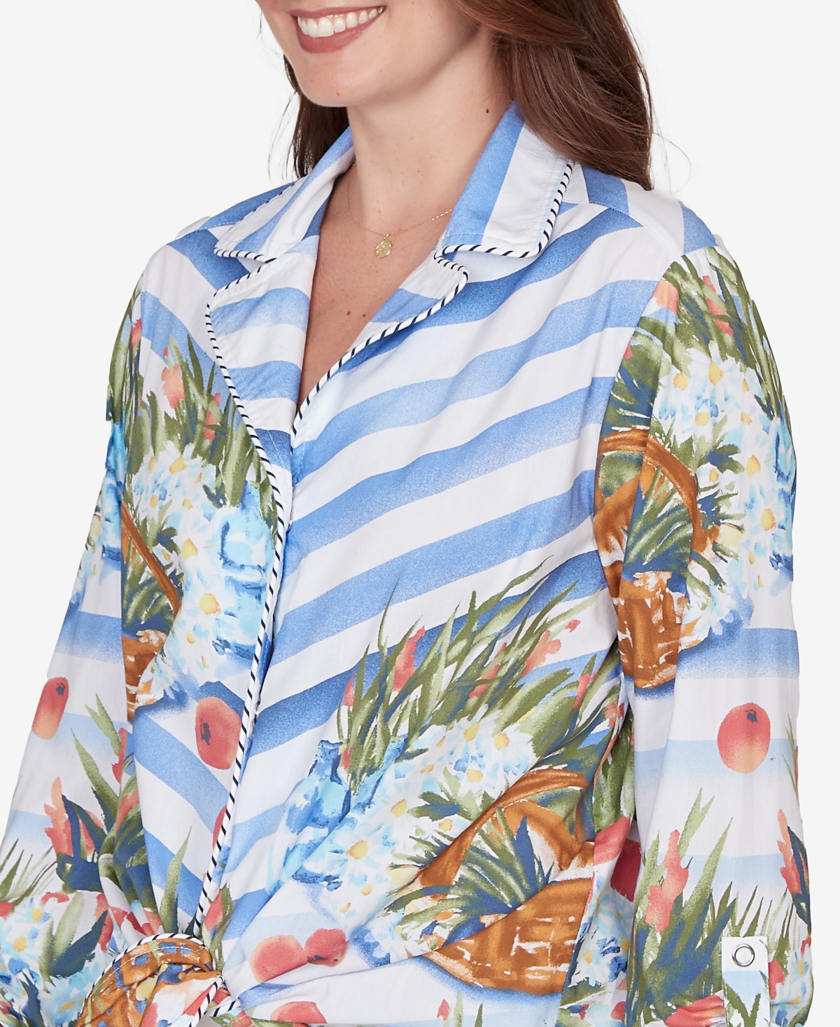 Ruby Rd. Petite Picnic Print Poplin Tied Snap Front Top