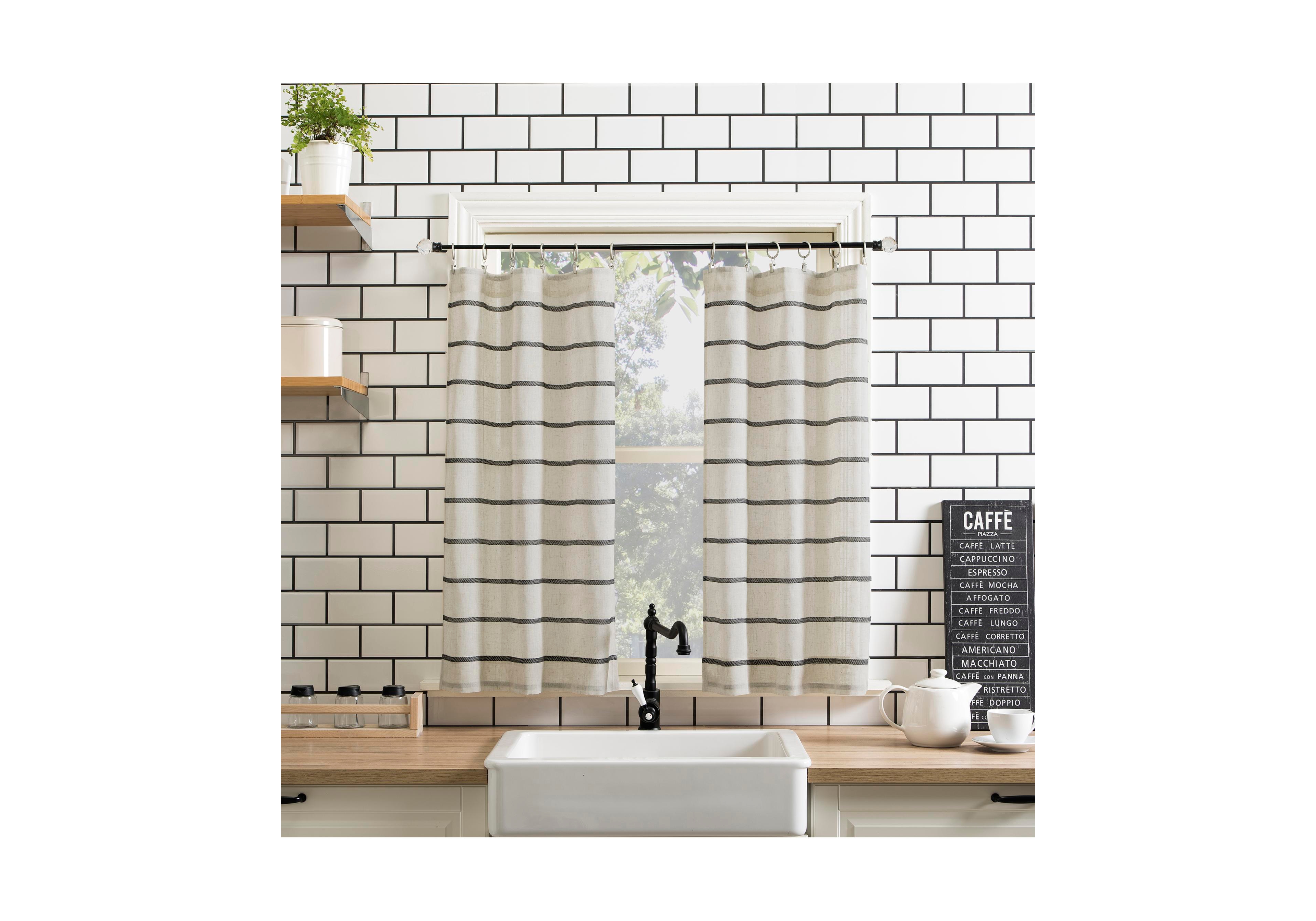 Twill Stripe Anti-Dust Linen Blend Sheer Cafe Curtain Pair