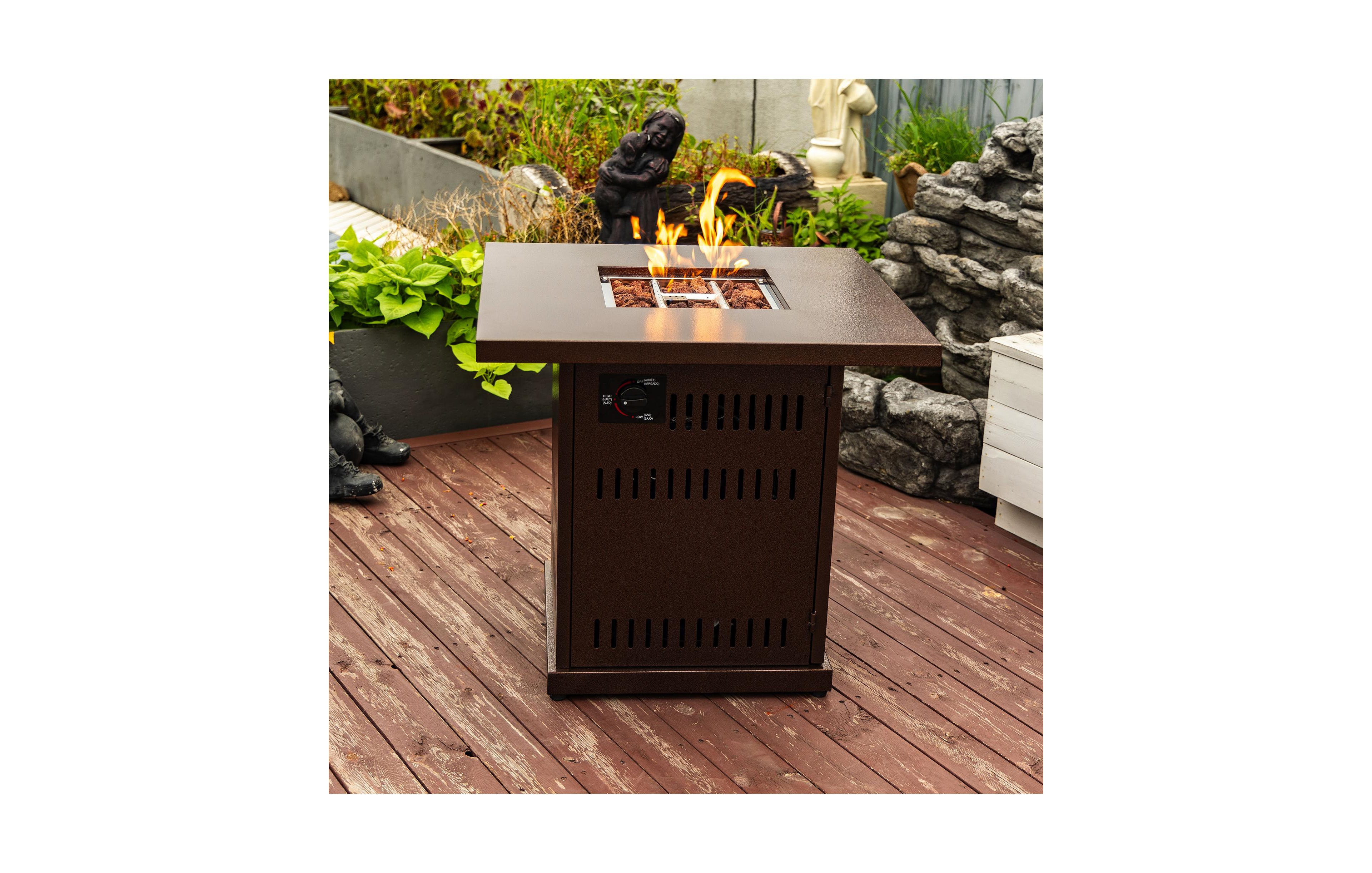 Flynama 28 Inch Propane Gas Fire Pit Table 50000 Btu Square Steel Brown for Outdoor Patio Deck Garden Courtyard