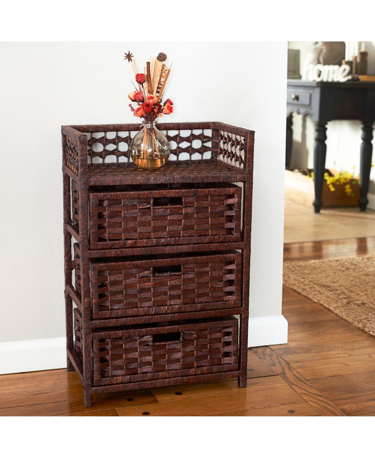 Household Essentials Woven 3 Drawer Chest with Cutout Handles, Paper Rope Stained