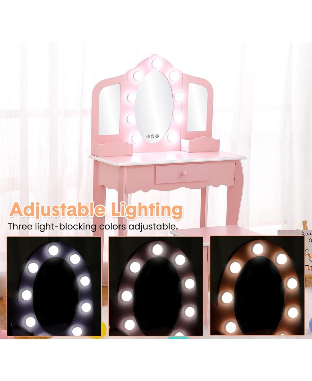 Gaomon Kids Vanity Table and Stool Set with Lighted Mirror – Makeup Vanity for Bedrooms