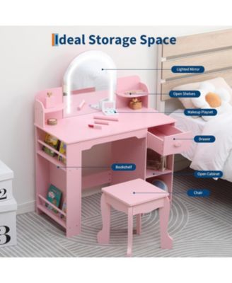 Kids Vanity Lighted Mirror - 2 in 1 Little Girls Vanity Table and Stool - Kids Makeup for Bedrooms, Apartments