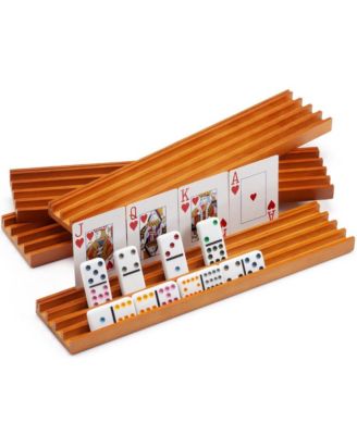 Domino & Playing Card Racks Set of 4, Wooden Domino and Playing Cards Trays Holders Organizer