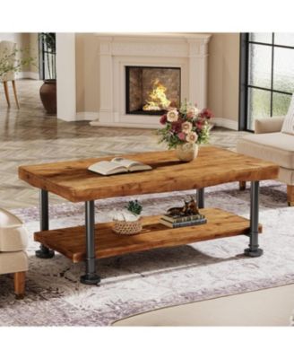 Wood Coffee Table, 2-Tier Coffee Table with Storage