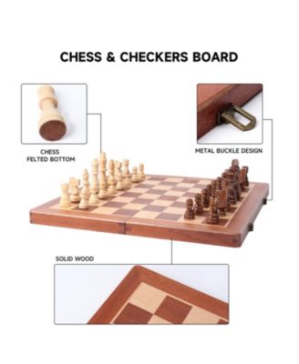 15" Large Wooden Folding 2-in-1 Chess and Checkers Board Game Set with Chess Storage Slots Drawer