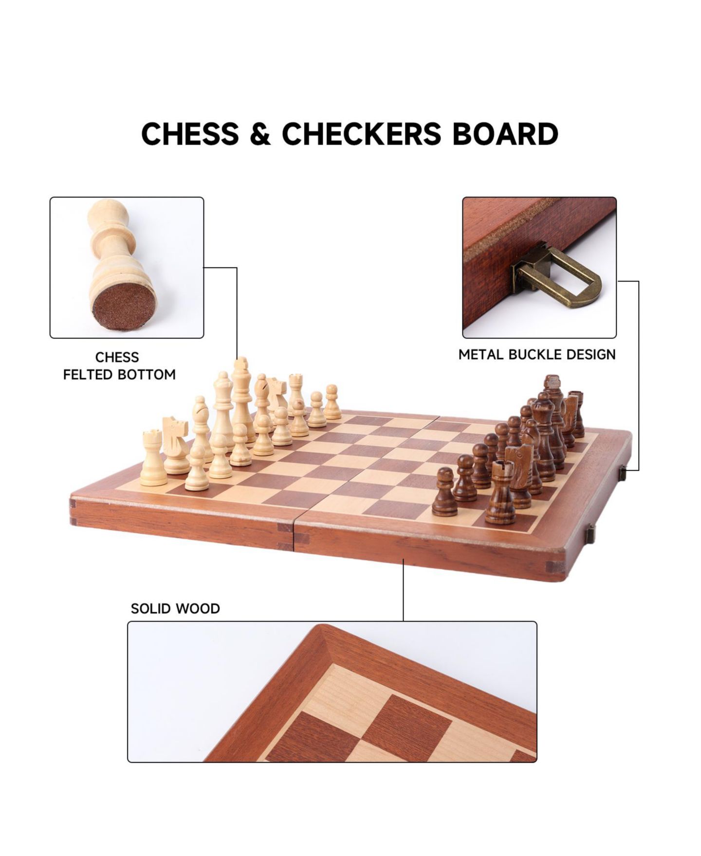 Детская настольная игра GSE Games & Sports Expert 2-in-1 Wooden Folding Chess and Checkers Board Game, Ages 6+ — фото 4