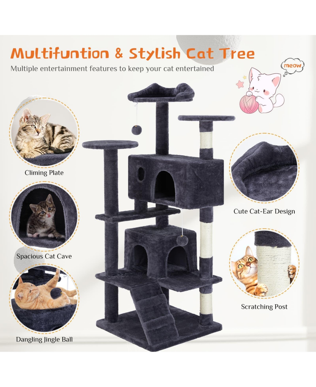 Zeus & Ruta 54in Dark Blue Multi-Functional Cat Tree: Climbing Frame, Lounge, Detachable Toy