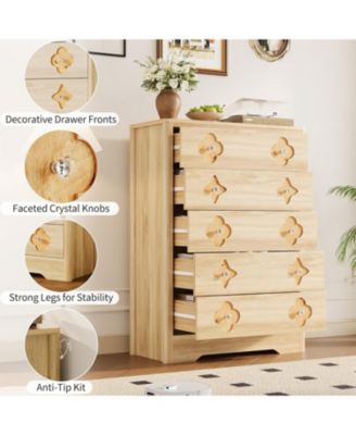 Fluted 5-Drawer Dresser for Bedroom, 42.9" Tall Wooden Chest with Large Storage & TV Stand Use, Beige