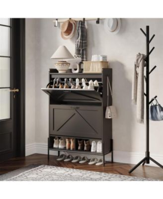 Shoe Cabinet with 2 Flip Drawers, Narrow Freestanding Shoe Storage Organizer for Entryway, Dry and Wet Separation Shoe Rack with Metal