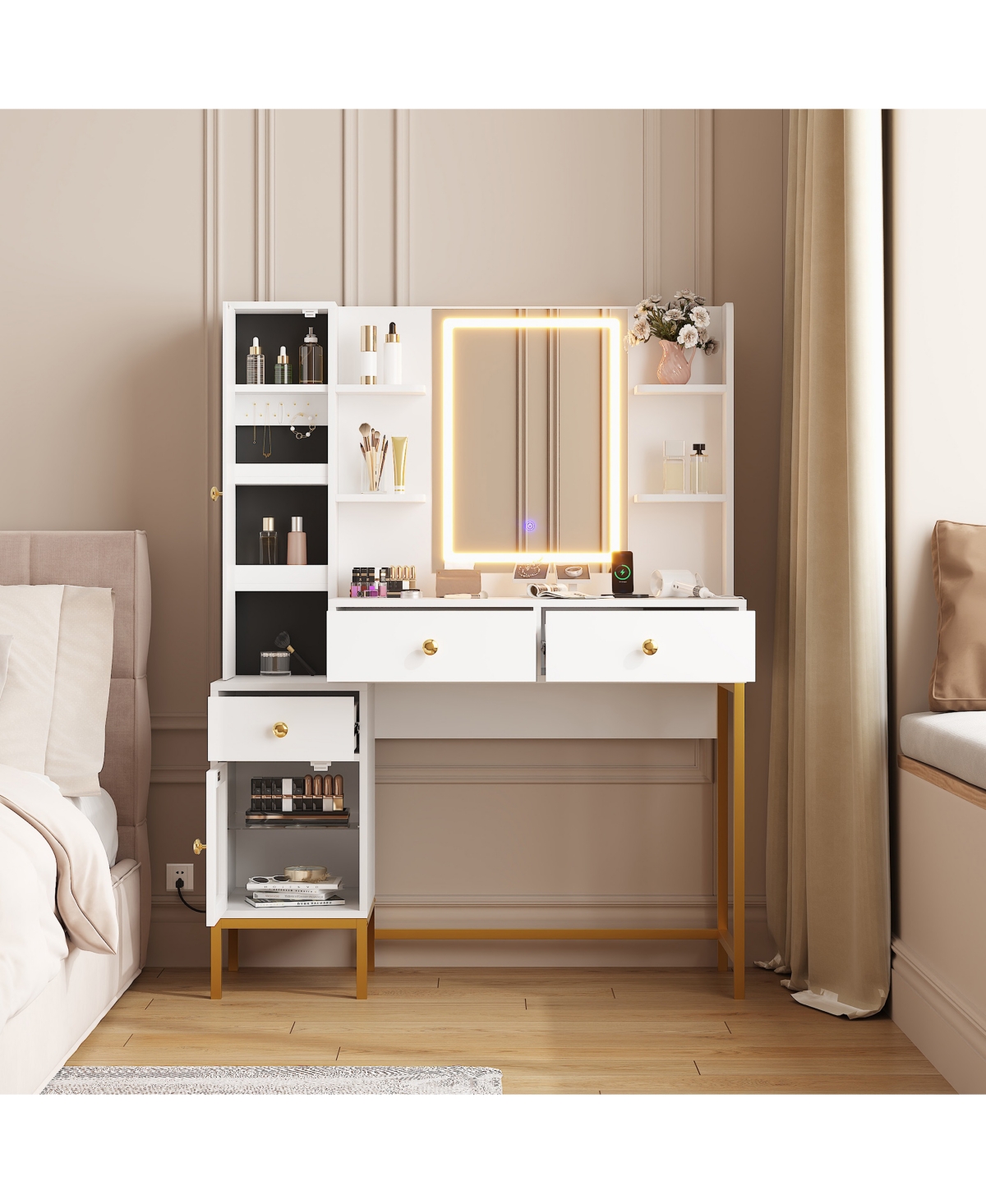 Gaomon Vanity Desk Lighted Mirror and Charging Station Makeup Vanity for Bedrooms, Apartments