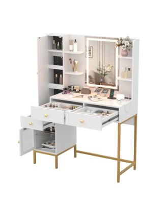 Makeup Vanity Lighted Mirror and Charging Station Vanity Desk for Bedrooms, Apartments, Easy to Assemble