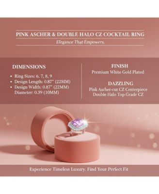 Dazzling White Gold Plated Pink Ascher & Double Halo CZ Cocktail Ring