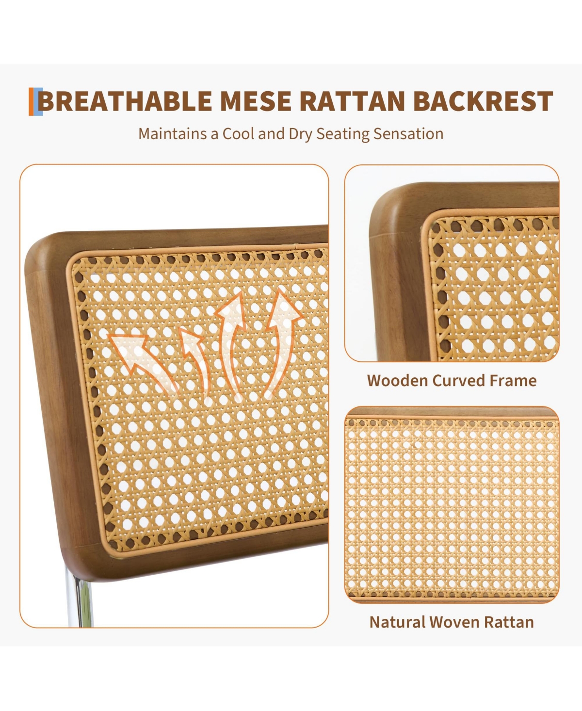 gaomon Set of Natural Rattan Dining Chairs, Upholstered Seat & Solid Wood Legs