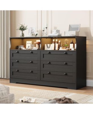 Dresser for Bedroom with 6 Drawers, 55" Wide Wooden Bedroom Dresser with LED Lights & Power Outlet, Modern Large TV Dresser