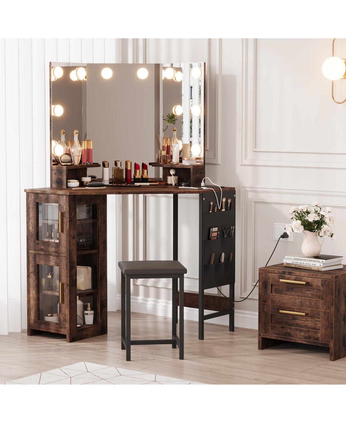 Gaomon Corner Vanity Desk Led Lighted Mirror Charging Station and Storage Cabinet for Bedrooms, Apartments