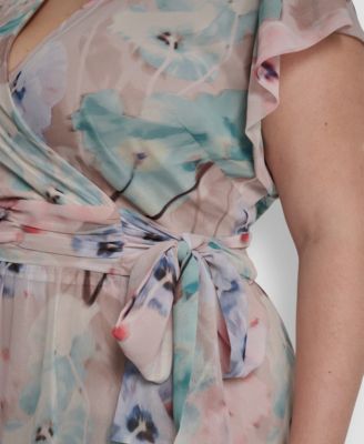 Plus Size Ruffle Short-Sleeve V-Neck Tie Waist Maxi Dress