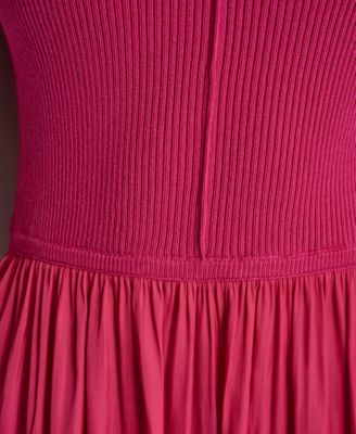 Women's Short-Sleeve Mixed Media Midi Sweater Dress