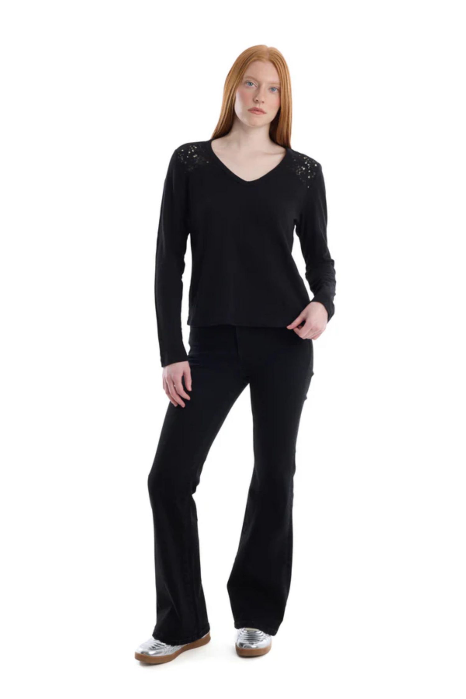 Women's Clothing V-Neck Long Sleeve Mixed Media Tee