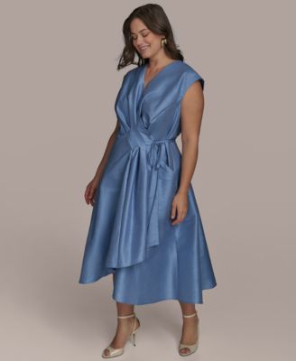 Plus Size Shantung Fit And Flare V-Neck Wrap Dress