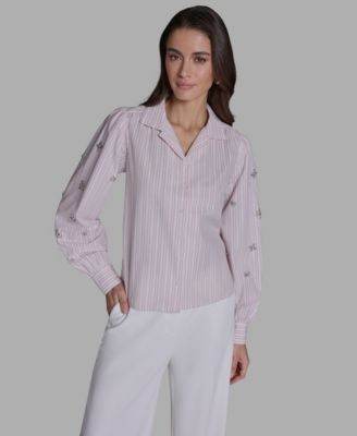 Women's Collared Striped Embellished-Sleeve Shirt