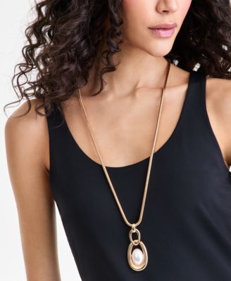 Imitation Pearl Open Pendant Necklace, 32-1/2" + 3" extender
