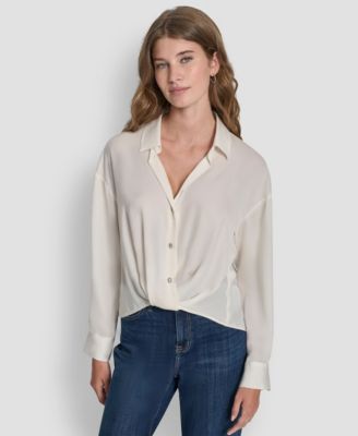 Women's Long-Sleeve Rhinestone Button-Front Shirt With Twist Hem